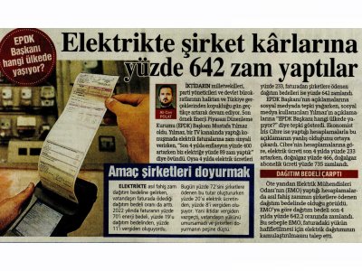 ELEKTRİKTE ŞİRKET KÂRLARINA YÜZDE 642 ZAM YAPTILAR (SÖZCÜ, 11.01.2026)