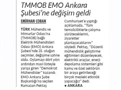 TMMOB EMO ANKARA ŞUBESİ`NE DEĞİŞİM GELDİ (CUMHURİYET GAZETESİ, 19.02.2026)